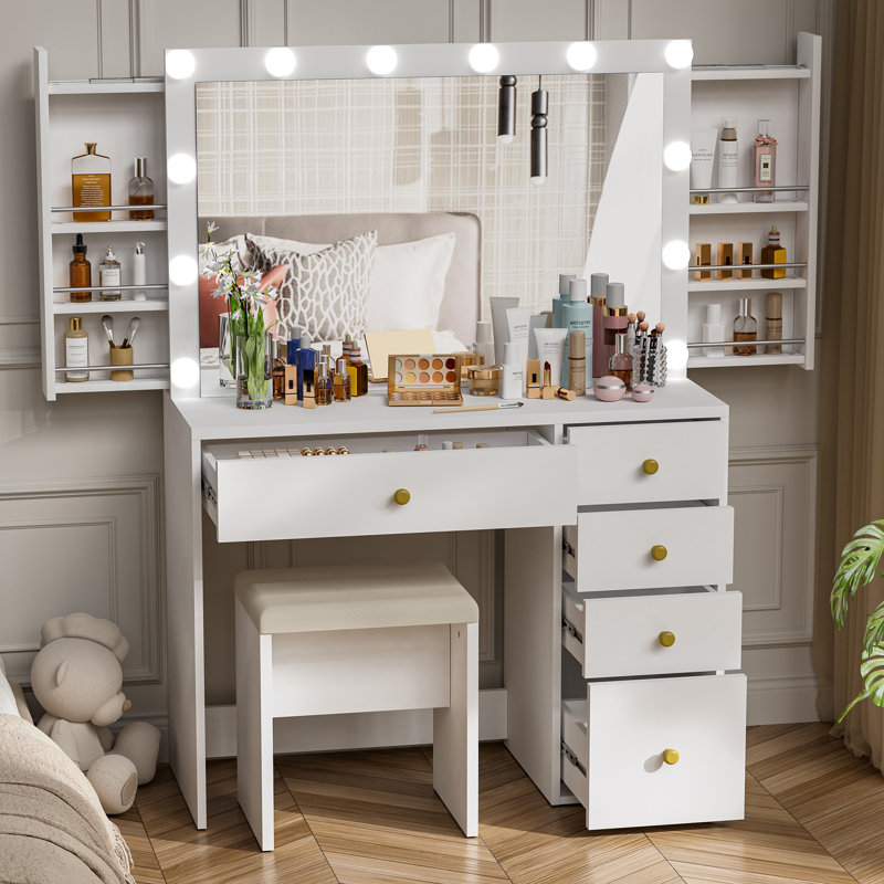 Latitude Run® Lighted Makeup Vanity Set with Outlets and Hidden Shelves Behind Mirror | Wayfair